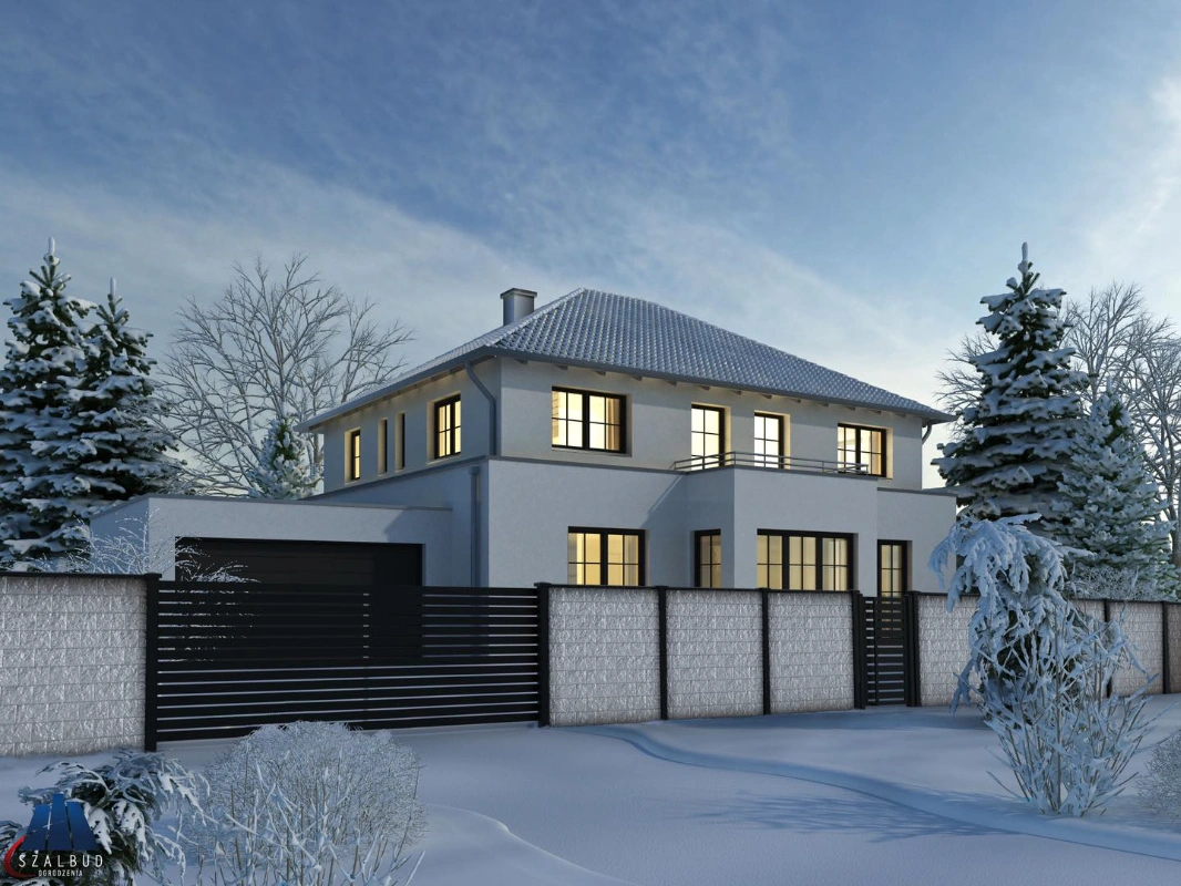 Wizualizacja - ogrodzenie betonowe nowoczesne na froncie domu w zimie
